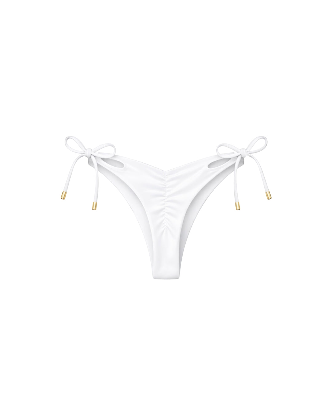 White bikini bottom with string ties on a white background
