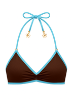 Brown bikini top with blue straps on a white background