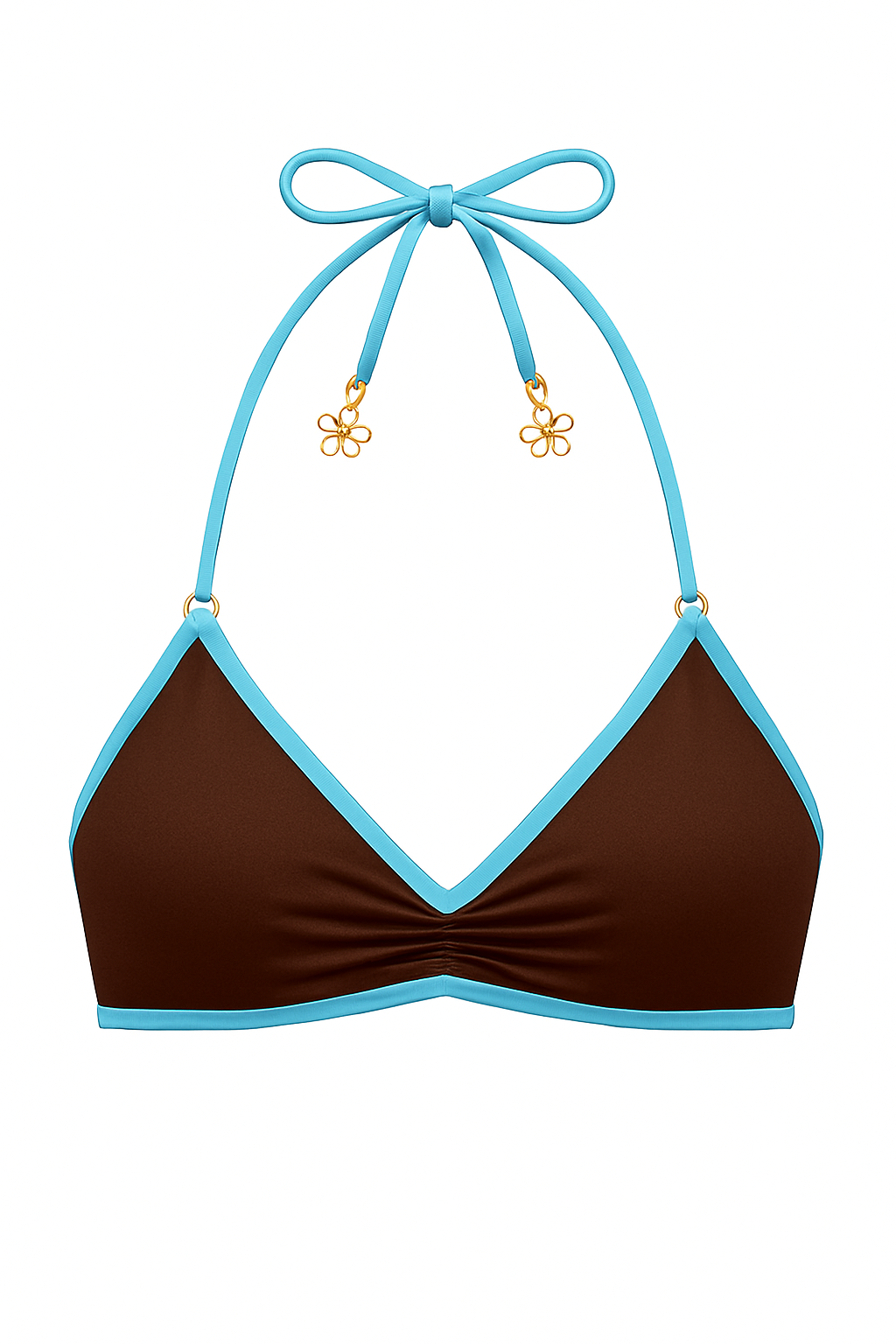 Brown bikini top with blue straps on a white background