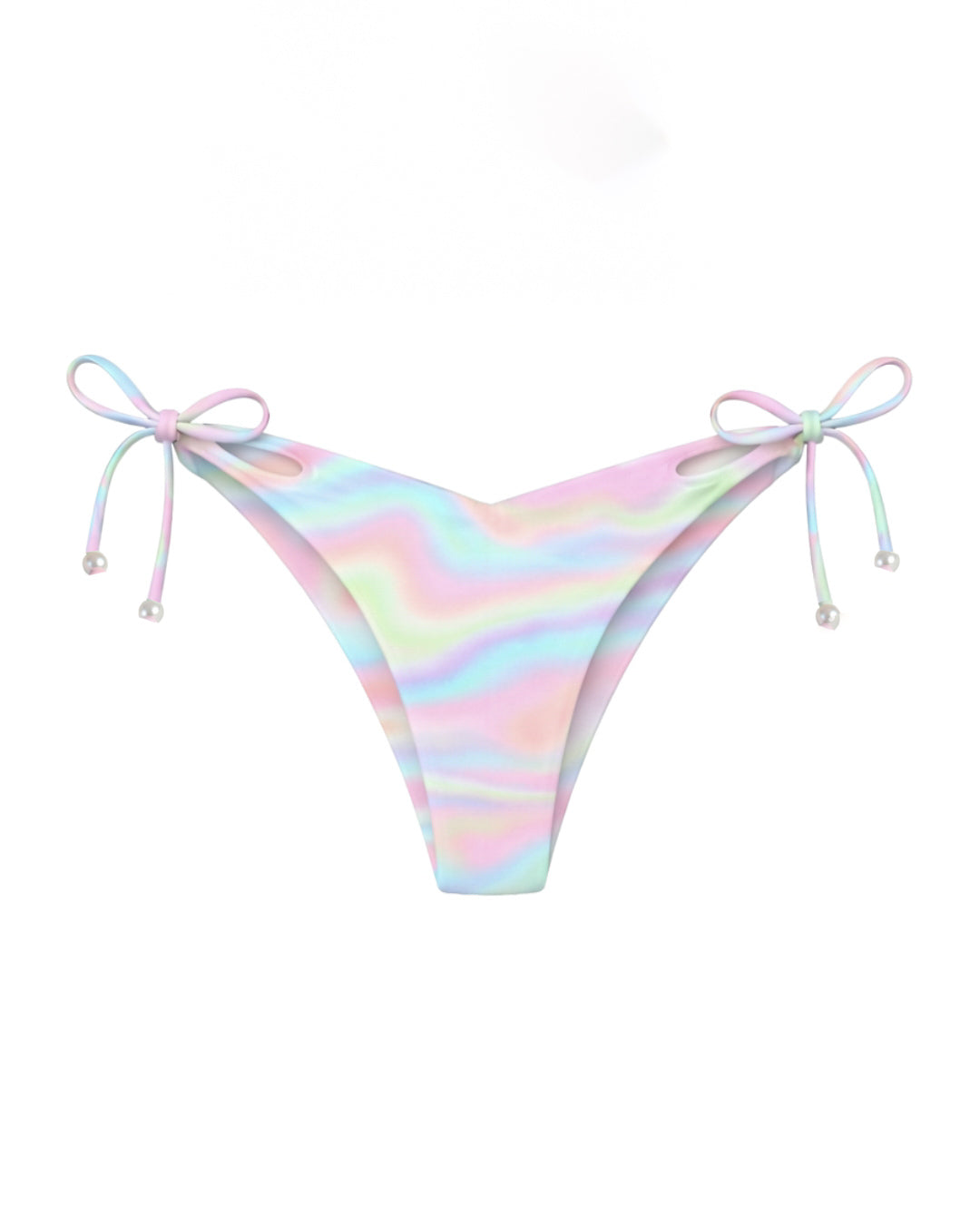 Pastel rainbow striped bikini bottom with tie sides on a white background